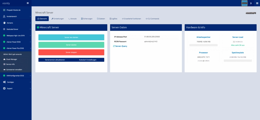 Gameserver Manager Minecraft Übersicht